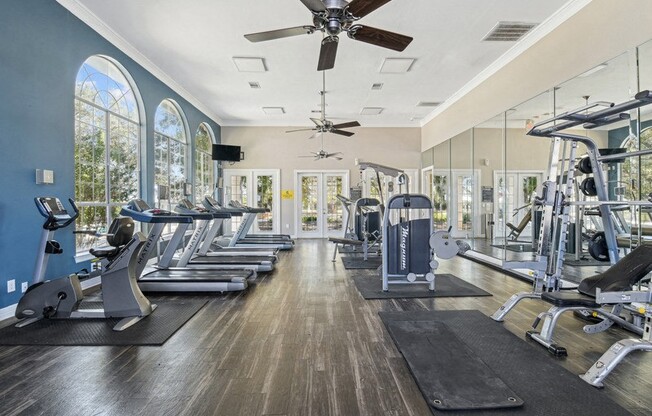 the mansion has a gym with cardio machines and windows