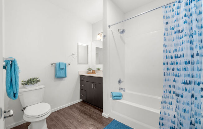 a bathroom with a white toilet next to a shower with a blue shower curtain