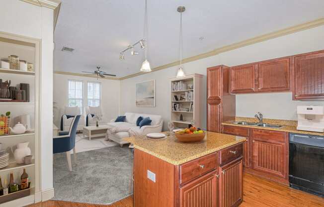 a kitchen with wooden cabinets and a counter top