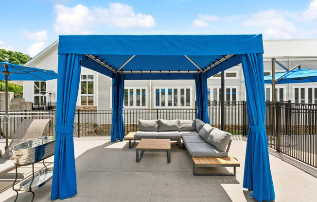 Blue pool cabana at The Tannery, Glastonbury