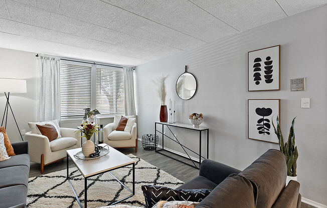 A living room with a brown couch, a white coffee table, and a rug with a geometric pattern.