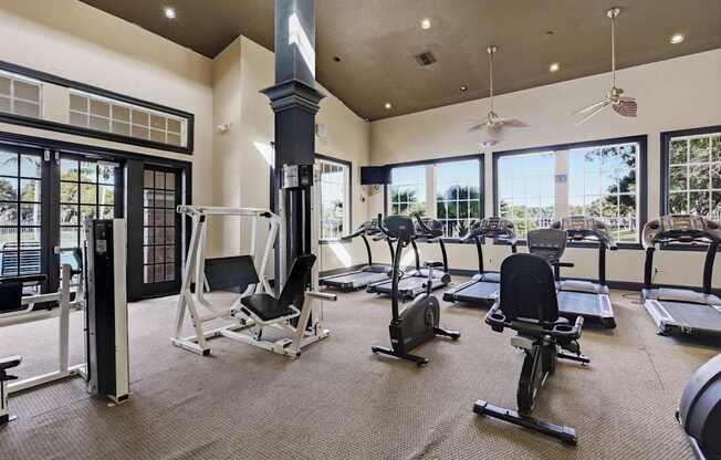 A gym with a variety of equipment including treadmills, weights, and a rowing machine.