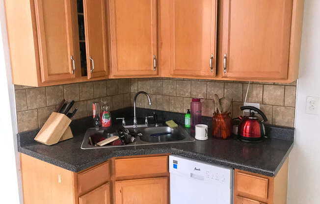 A kitchen with wooden cabinets and a white dishwasher.