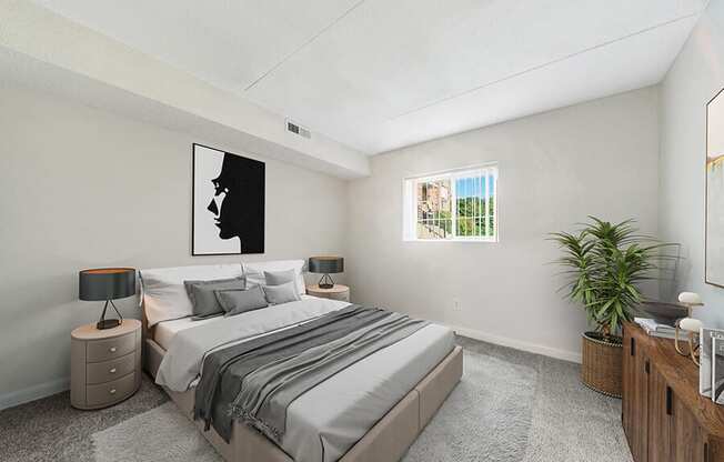 Model Bedroom with Carpet and Window View at Heights Marlborough Apartments in Boston, MA.
