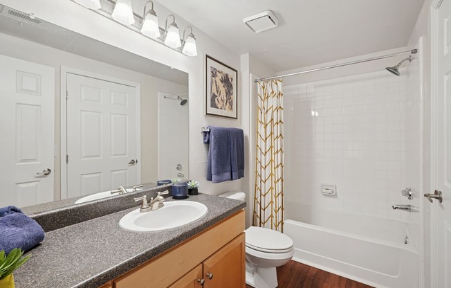 A bathroom with a white toilet, sink, and shower.