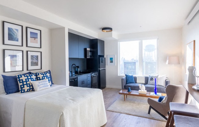 Staged Bedroom at Nomad Apartments, Portland, Oregon