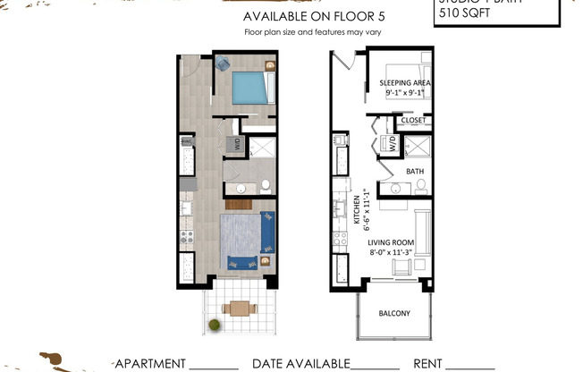 Studio, 1 bath, 510 sqft, $1,250, Unit 514