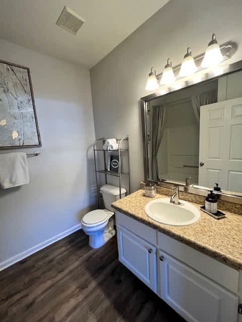 A bathroom with a toilet, sink, mirror, and light fixture.
