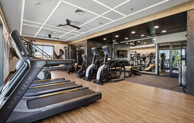 A gym with treadmills, elliptical machines, and other exercise equipment at Madison Prickett Preserve, Yardley Pennsylvania
