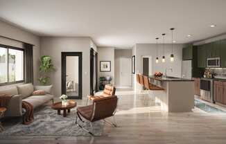 a living room and kitchen in a model home at North Grove, Riverside, CA  