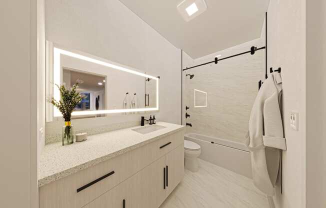 a bathroom with a sink and a mirror and a shower