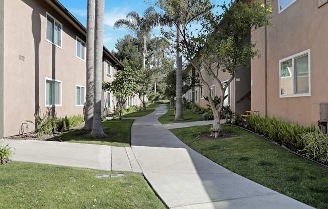 A concrete pathway leads through a grassy area between two rows of apartment buildings.