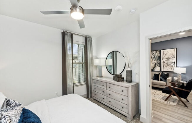 Model bedroom with ceiling fan