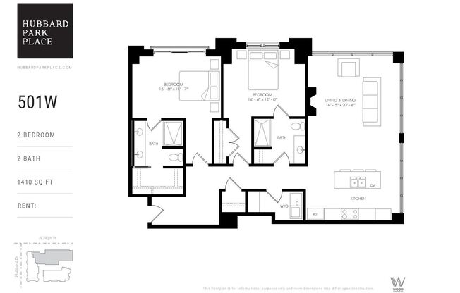 2 beds, 2 baths, 1,410 sqft, $3,950, Unit 501W