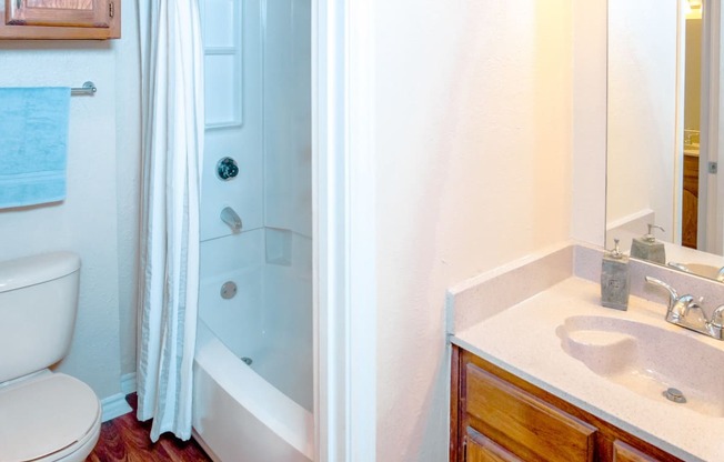 Model bathroom with a shower, sink and a toilet at Chisholm Place Apartments in Plano, TX