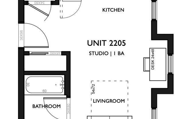 Studio, 1 bath, 356 sqft, $1,195, Unit 2-205