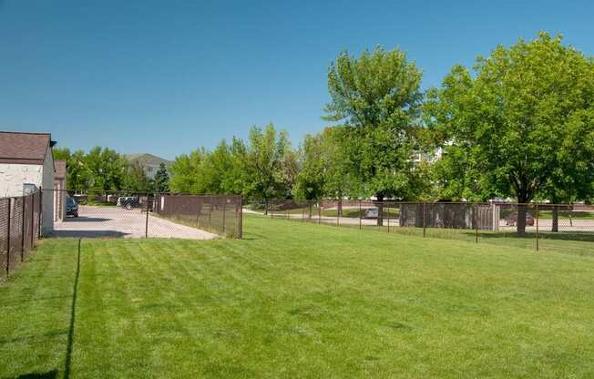 a fenced in backyard with a grass field and trees