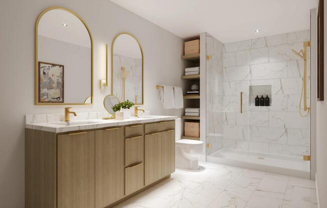 Designer bathrooms with quartz countertops at Modera Nations in Nashville, TN.