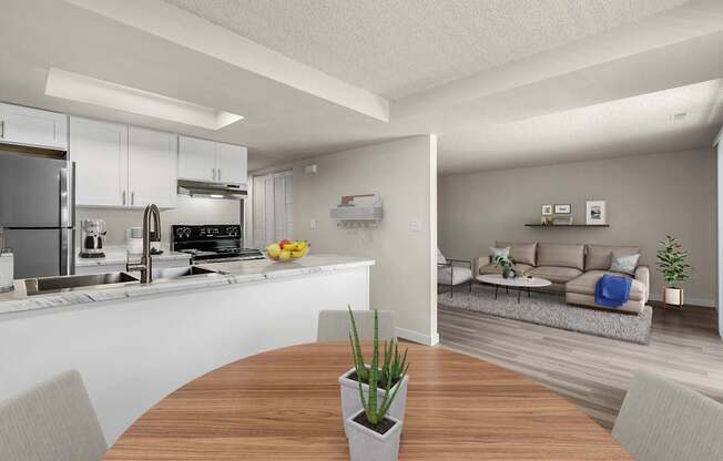 A modern kitchen with a wooden table and a couch in the living room.