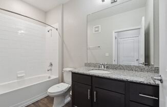 a bathroom with a shower toilet and sink and a mirror