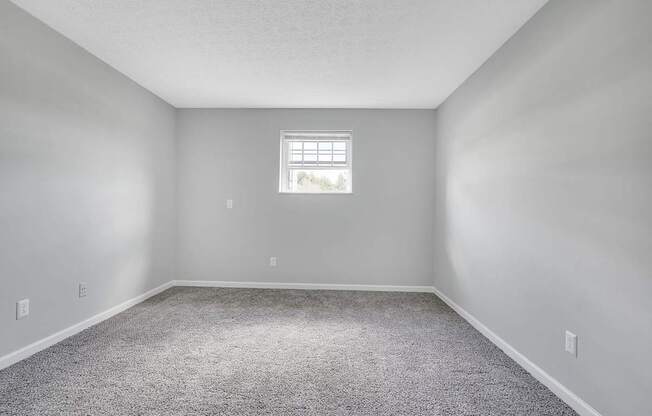 A room with a carpeted floor and a window.