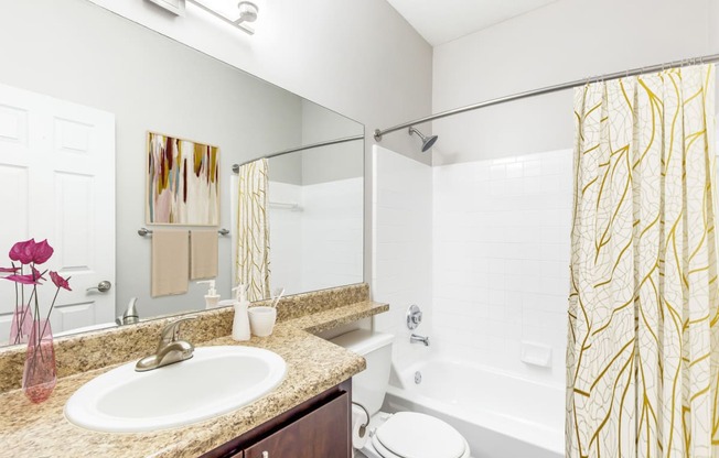One K Apartments in Atlanta, GA photo of a bathroom with a sink and a shower and a toilet