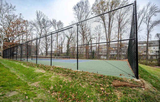 A tennis court is enclosed by a black fence.
