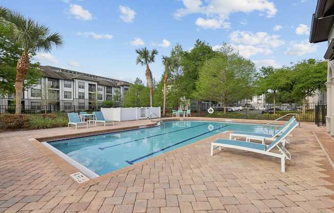 A pool surrounded by palm trees and lounge chairs.