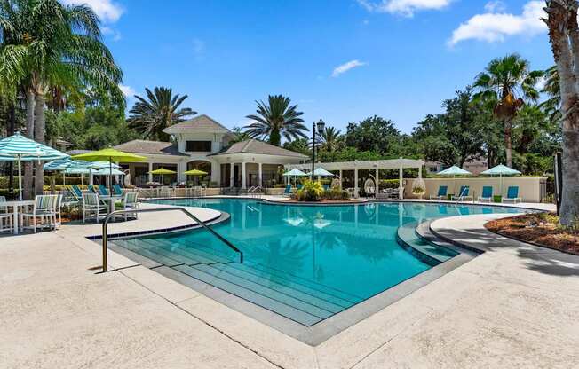A large swimming pool surrounded by palm trees and lounge chairs.