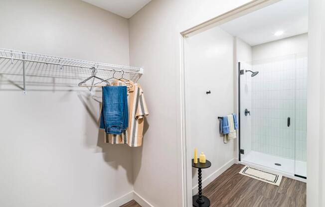 This layout pairs an oversized closet with a spa-style bathroom featuring a sleek, glass-enclosed shower.