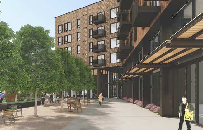 a rendering of a large building with trees and a sidewalk