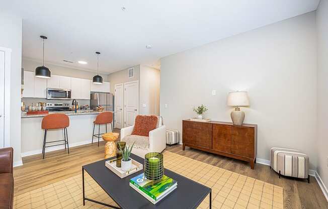 a living room with a couch and a table