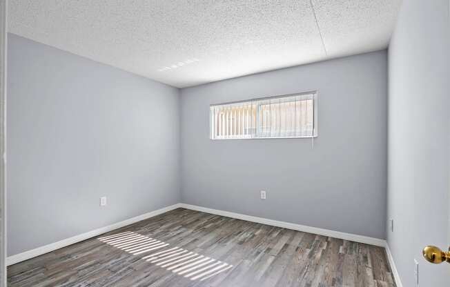 the spacious living room with wood flooring and a window