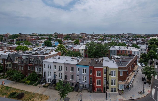 a view of the city from the roof of a building