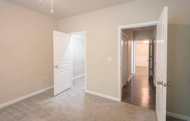 A room with two open doors and carpeted flooring.