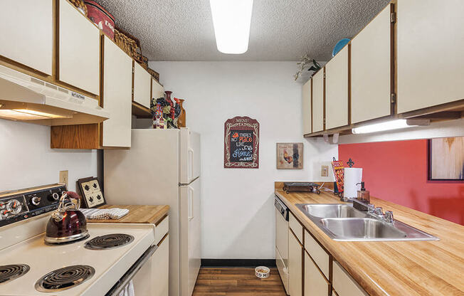 a kitchen with a stove sink and refrigerator