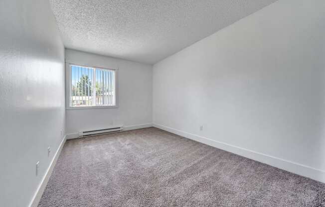 a bedroom with a large window and a carpeted floor