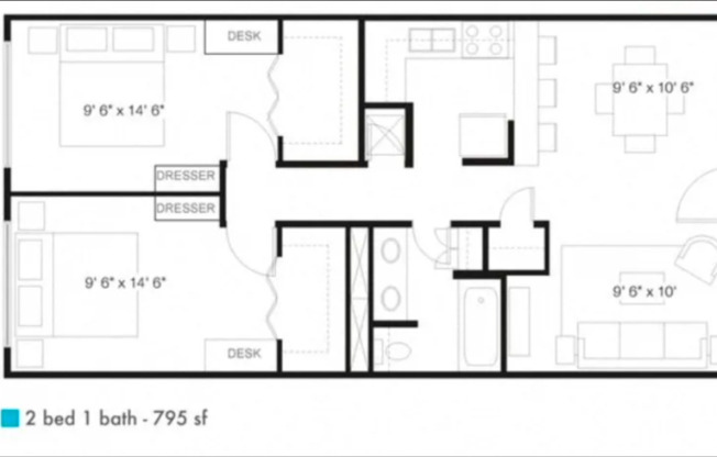 2 beds, 1 bath, 795 sqft, $1,499, Unit 115