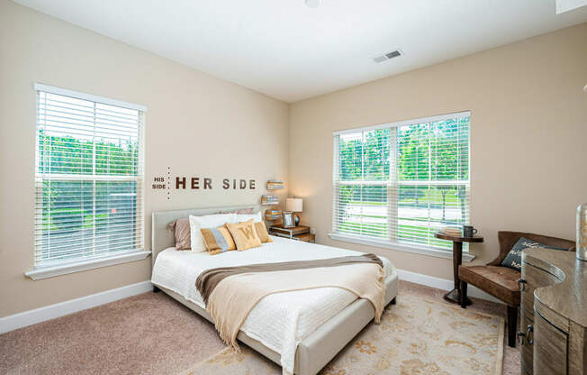 a bedroom with a bed and two windows