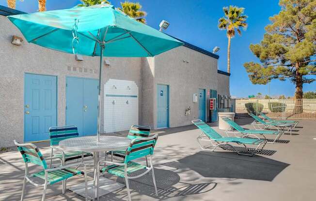 A patio with a table and chairs under a blue umbrella.