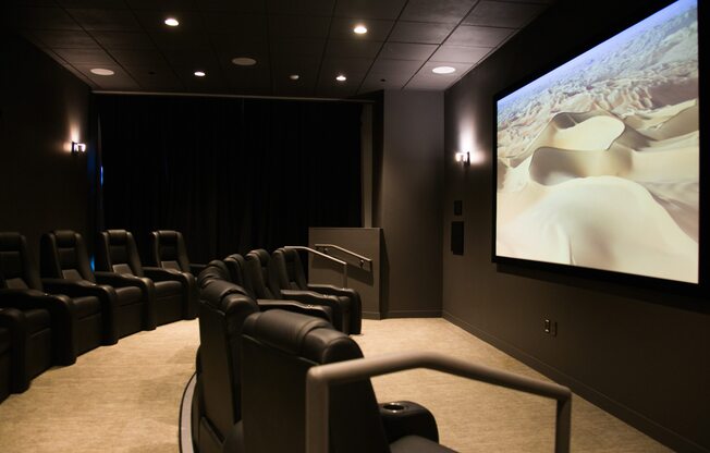 A dark cinema room with a screen showing a desert landscape.