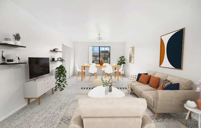 virtually staged living room with carpeted flooring, ceiling fan, and window