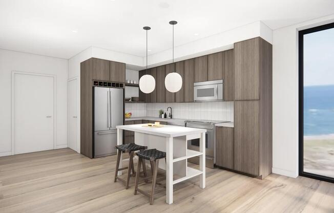 Gourmet kitchens with quartz countertops, custom cabinetry, and tile backsplash at Modera Revere Beach in Revere, MA.