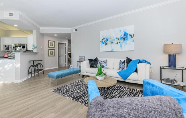 a living room with blue walls