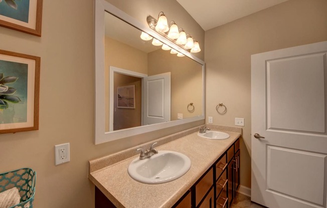 Bathroom with two sinks, dark cabinets, and a big mirror.