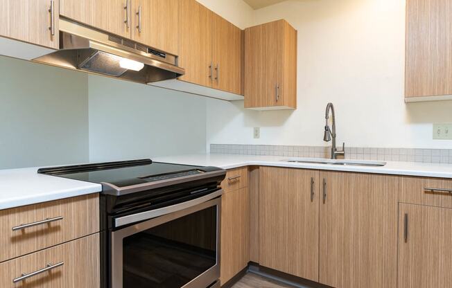 Beautiful Kitchen with wood cabinets, black and stainless stove, stainless faucet and cabinet hardware