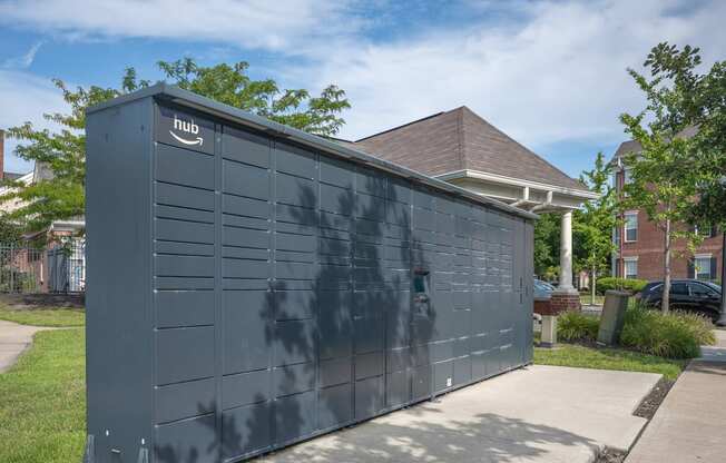 A black garage door with the word