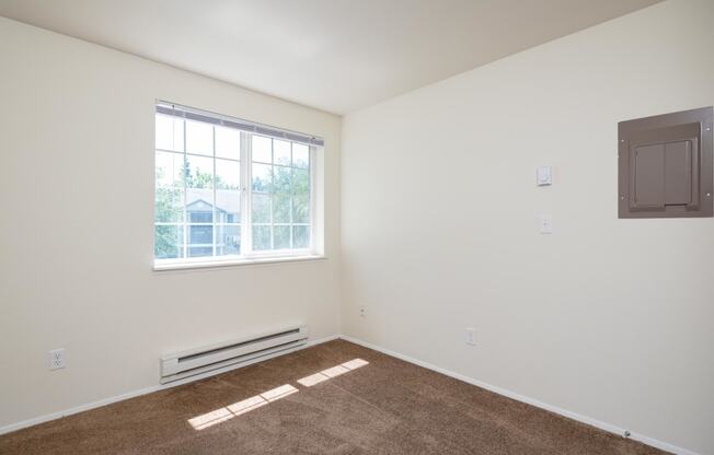 a white room with a window and a brown carpet