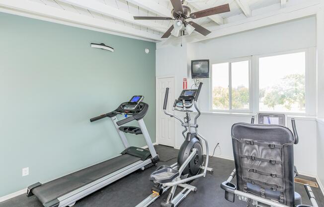 A fitness room featuring a treadmill, an elliptical machine, and a stationary bike. The room has a light green wall, ceiling fan, and large windows allowing natural light. A small TV is mounted on the wall, providing entertainment options while exercising.