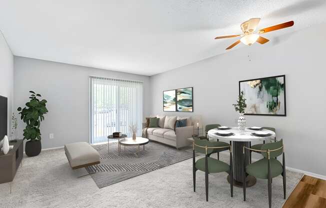 a living and dining room with a ceiling fan and a sliding glass door  at Lakes Edge Apartments, Greensboro, 27409